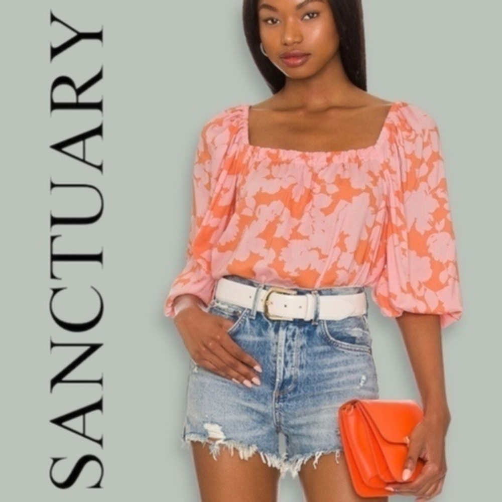 SANCTUARY Spring Square-Neck Elbow-Length Puff Sleeve Rayon Top/Blouse NWT-Md